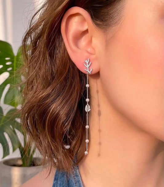 "Frost Branches" Long Platinum & Zirconia Earrings