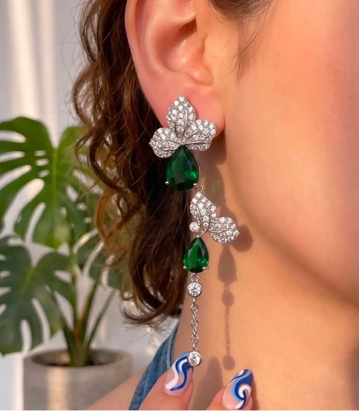 "Emerald Cascade" Long Platinum & Zirconia Earrings
