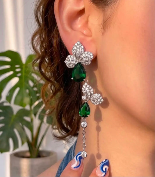 "Emerald Cascade" Long Platinum & Zirconia Earrings