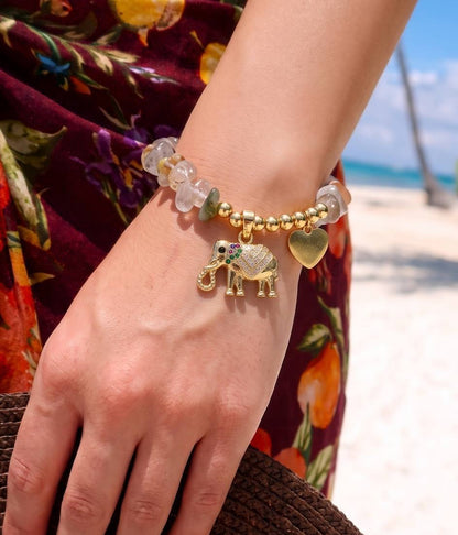 Lucky Elephant & Heart Charm Beaded Bracelet