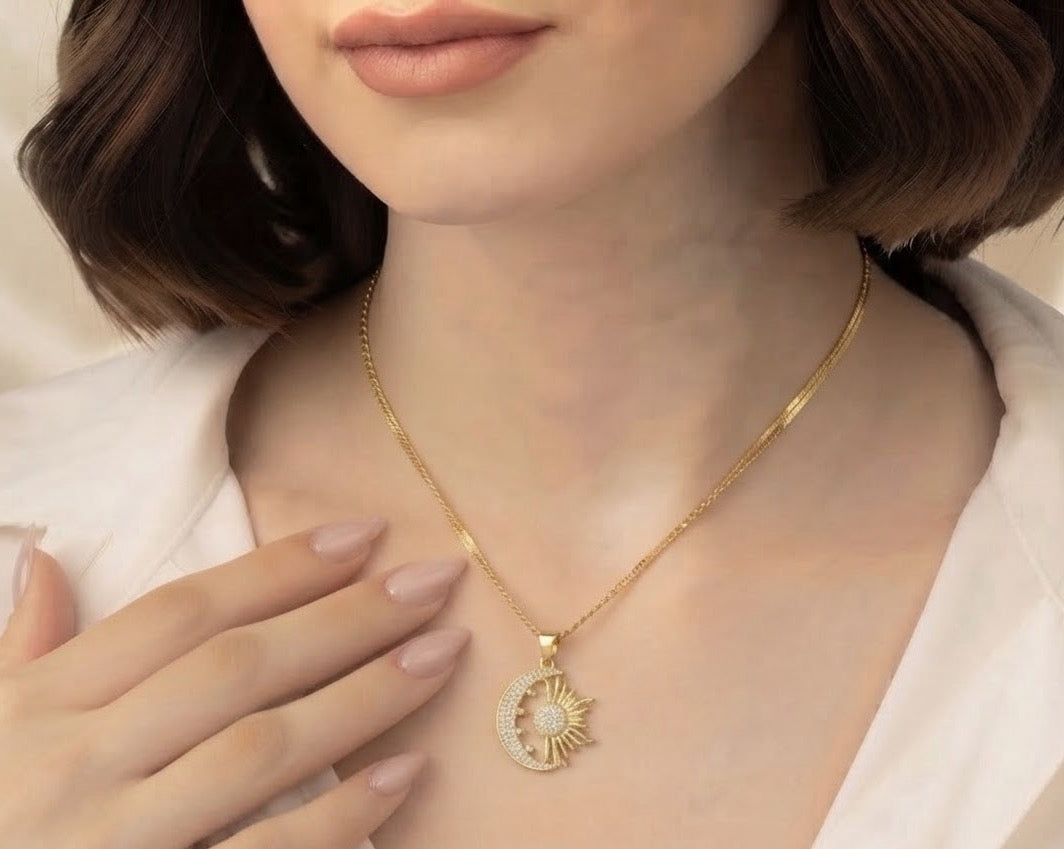 Crescent & Sun zircon Necklace