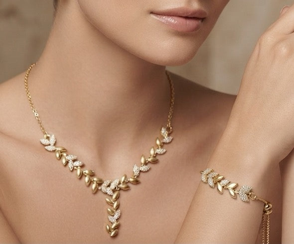 Golden Leaf Vine & Pavé 3-Piece Jewelry Set