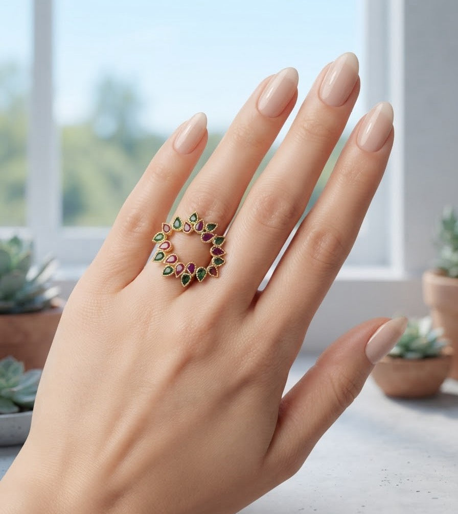 Ruby & Emerald Crown Ring ( Free Size )