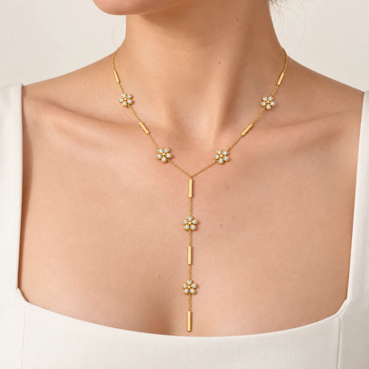 Golden Blossom Drop Y-Necklace - on model