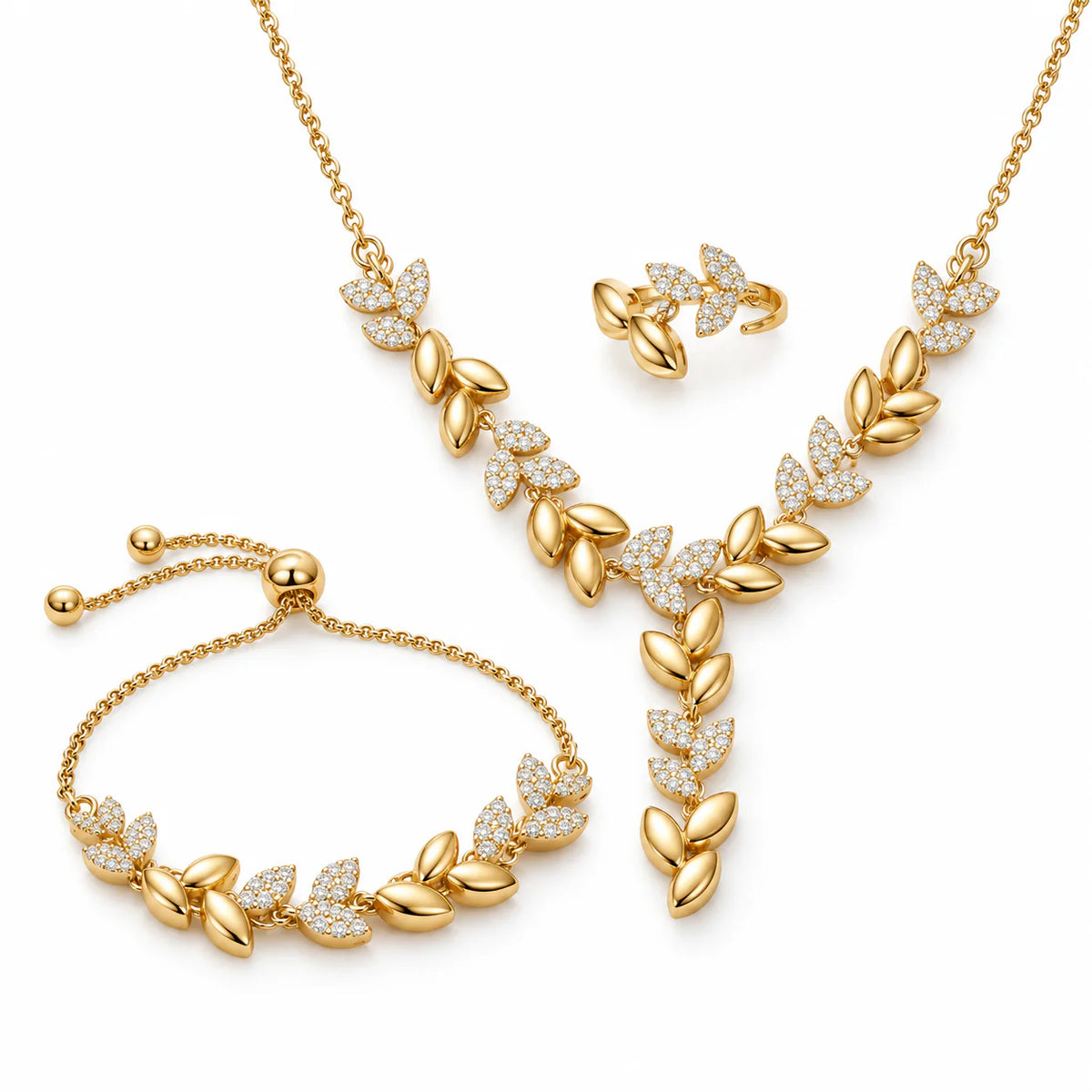 Golden Leaf Vine & Pavé 3-Piece Jewelry Set - studio