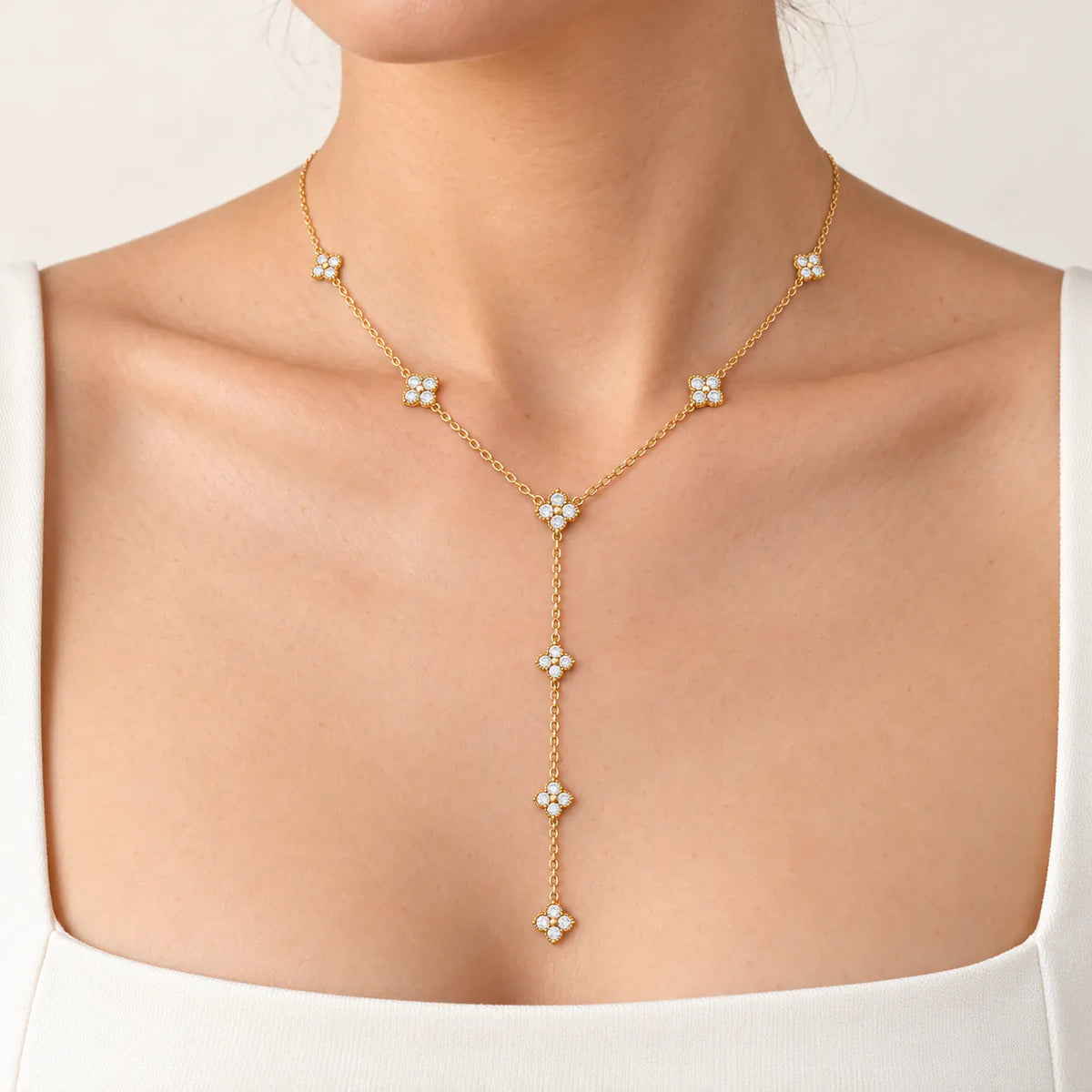 Radiant Four-Leaf Lariat Necklace - on model