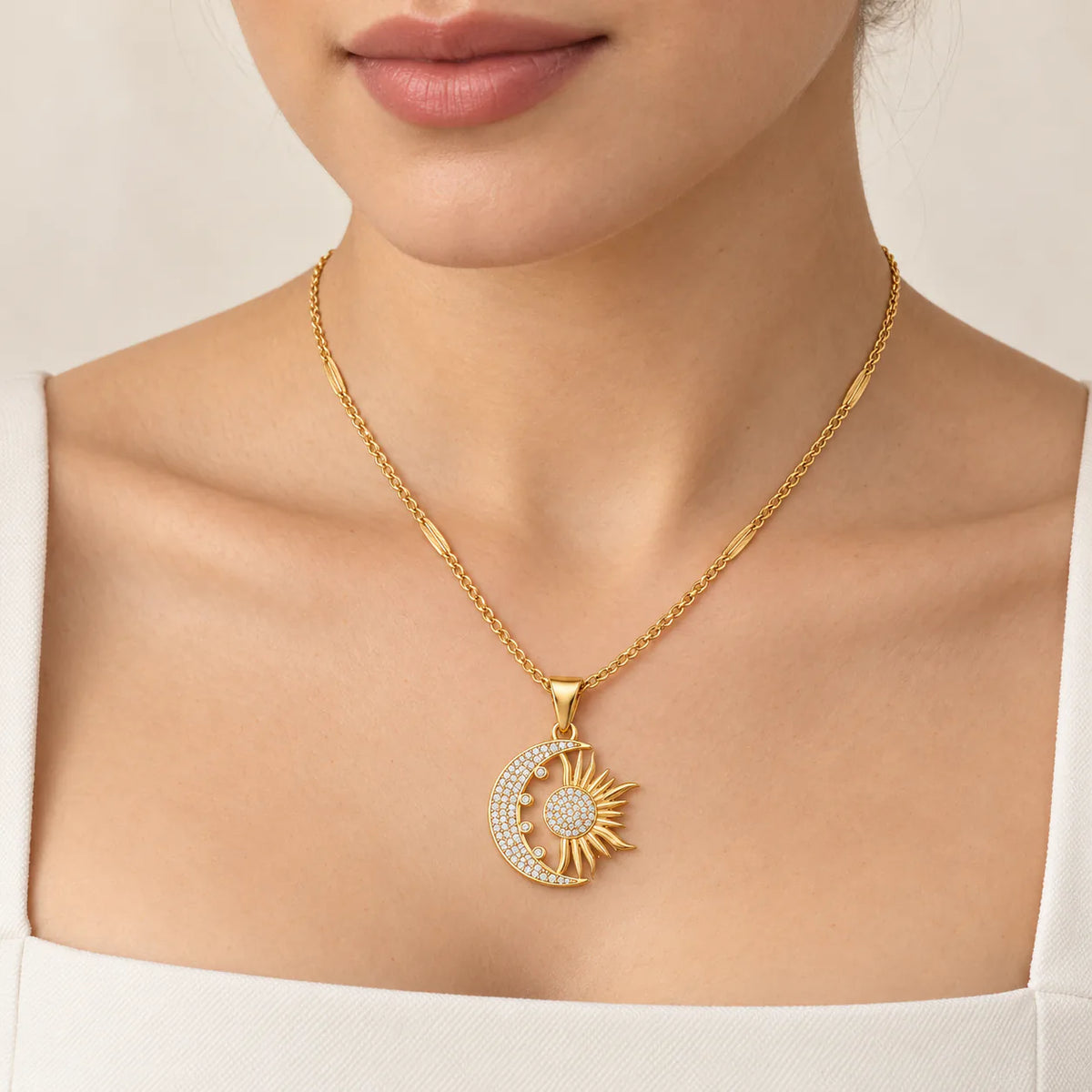 Crescent & Sun zircon Necklace - on model