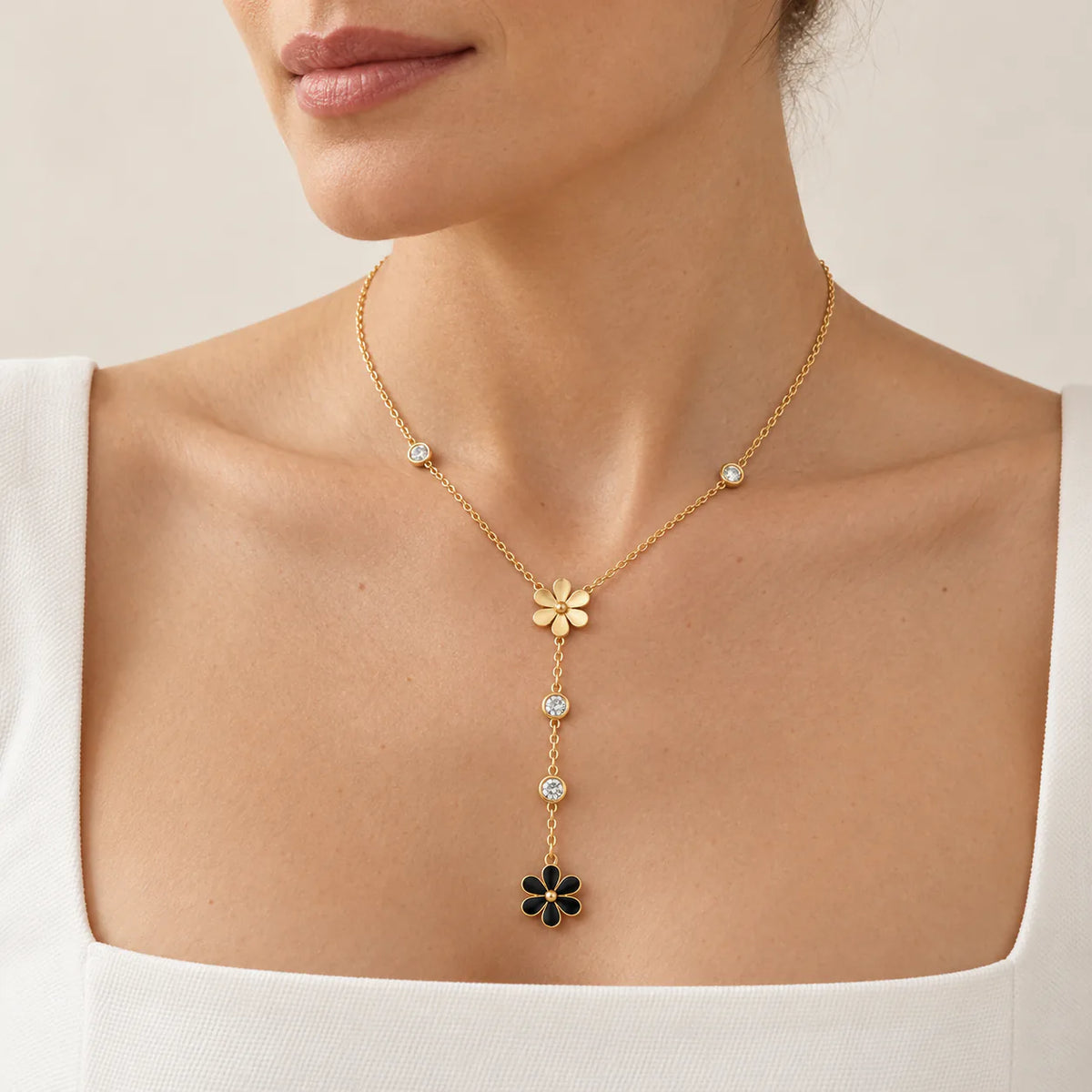 The Triple Bloom Lariat Necklace - on model