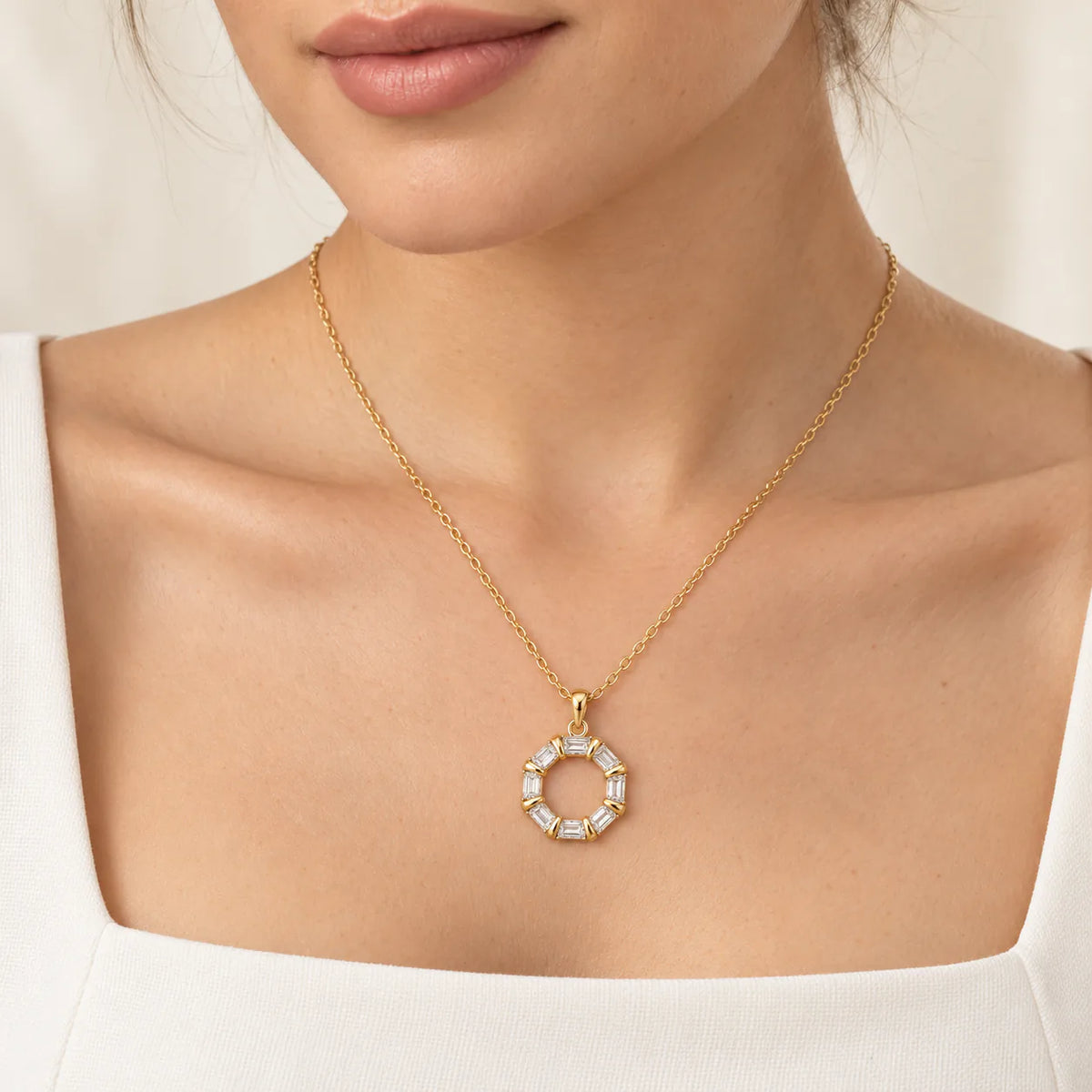 Interlocking Knot & Pavé Circle Pendant Necklace - on model