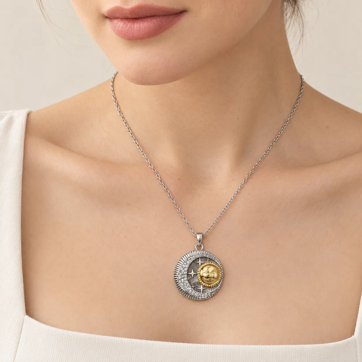 Celestial Sun and Moon Necklace - on model