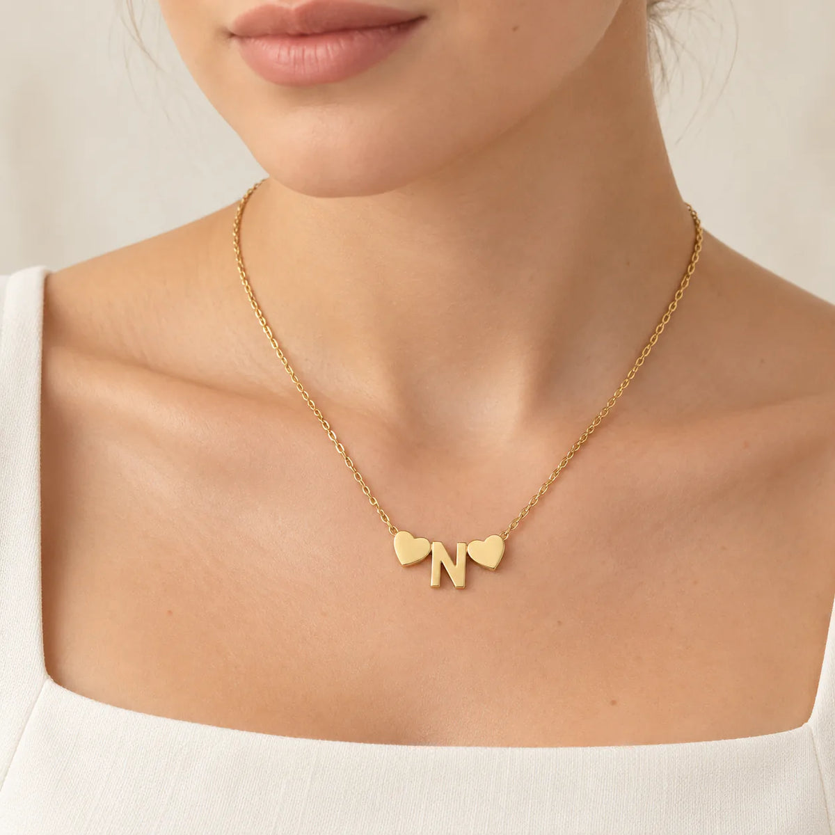 The Letter & Hearts Pendant Necklace - on model