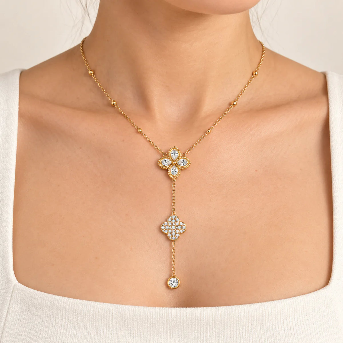 Aura Floral Drop Stainless Steel Necklace - on model