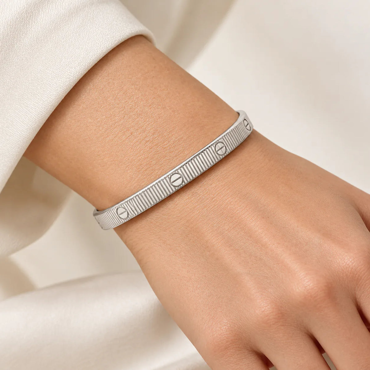 Striped Carteir White Gold Bangle - on model
