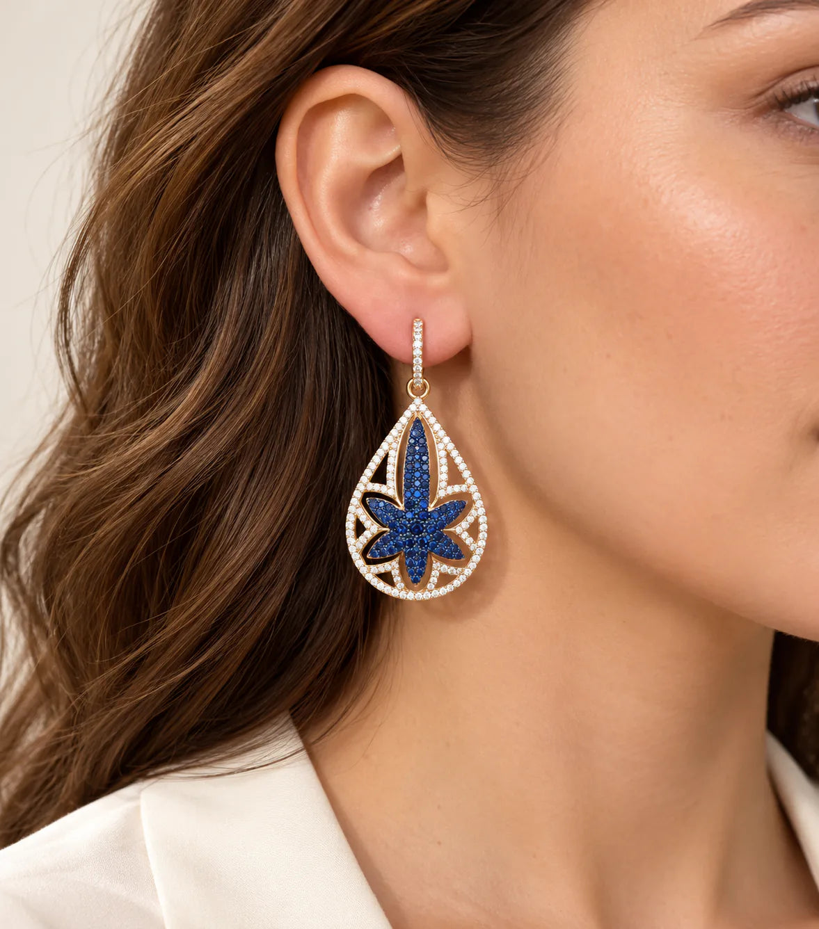 Sapphire Blossom Platinum Earrings - on model