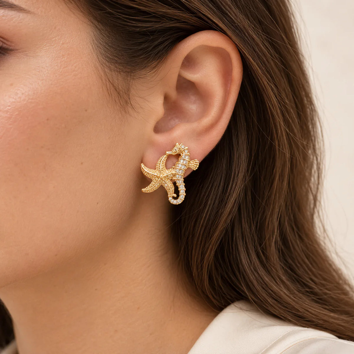 Sea Horse & Star Earrings - on model