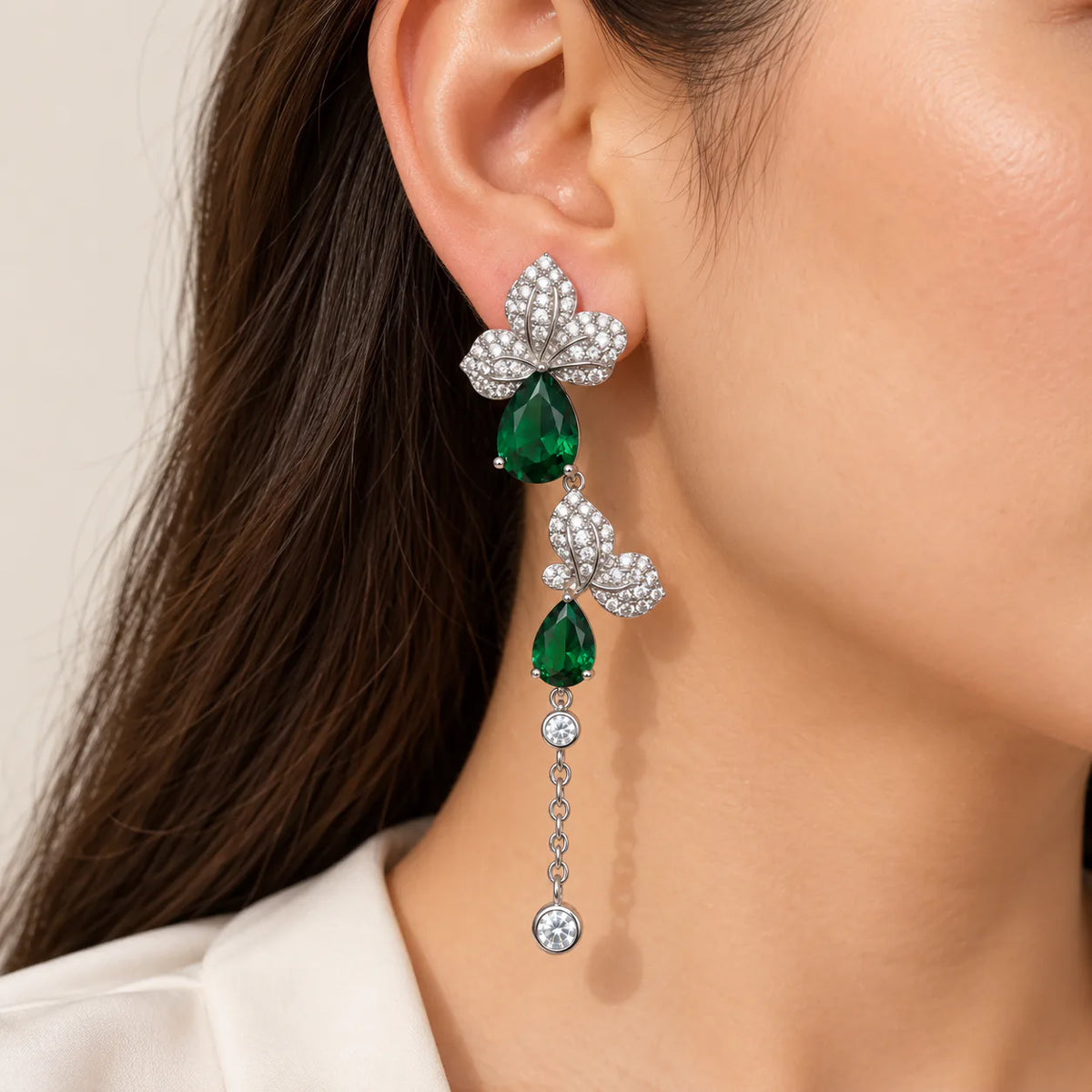 Emerald Cascade Long Platinum & Zirconia Earrings - on model