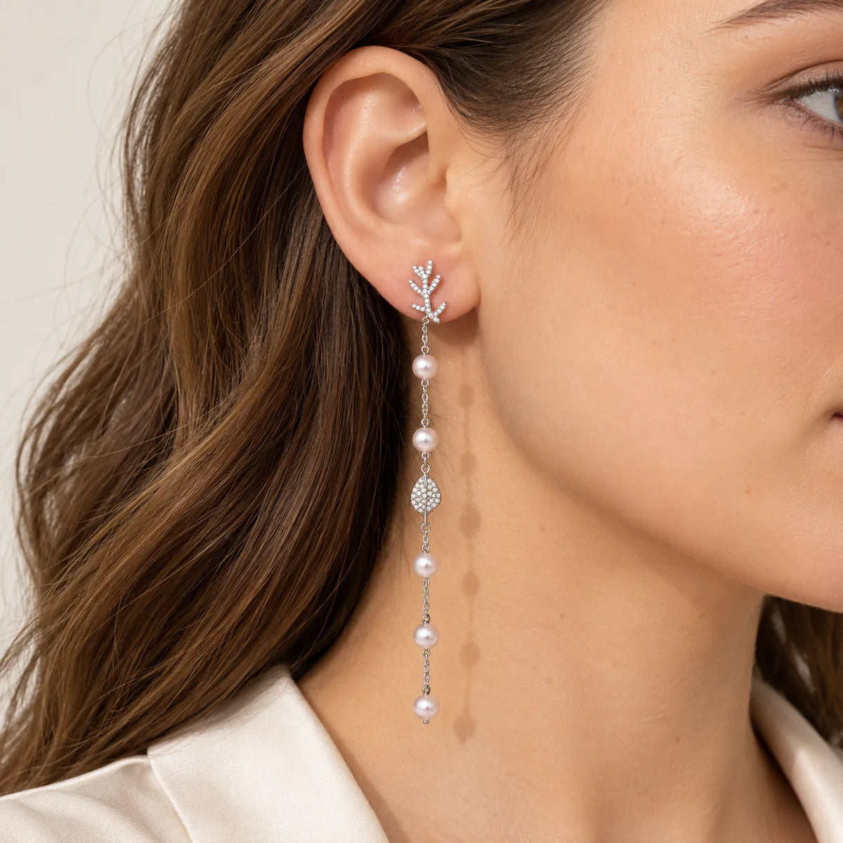 Frost Branches Long Platinum & Zirconia Earrings - on model