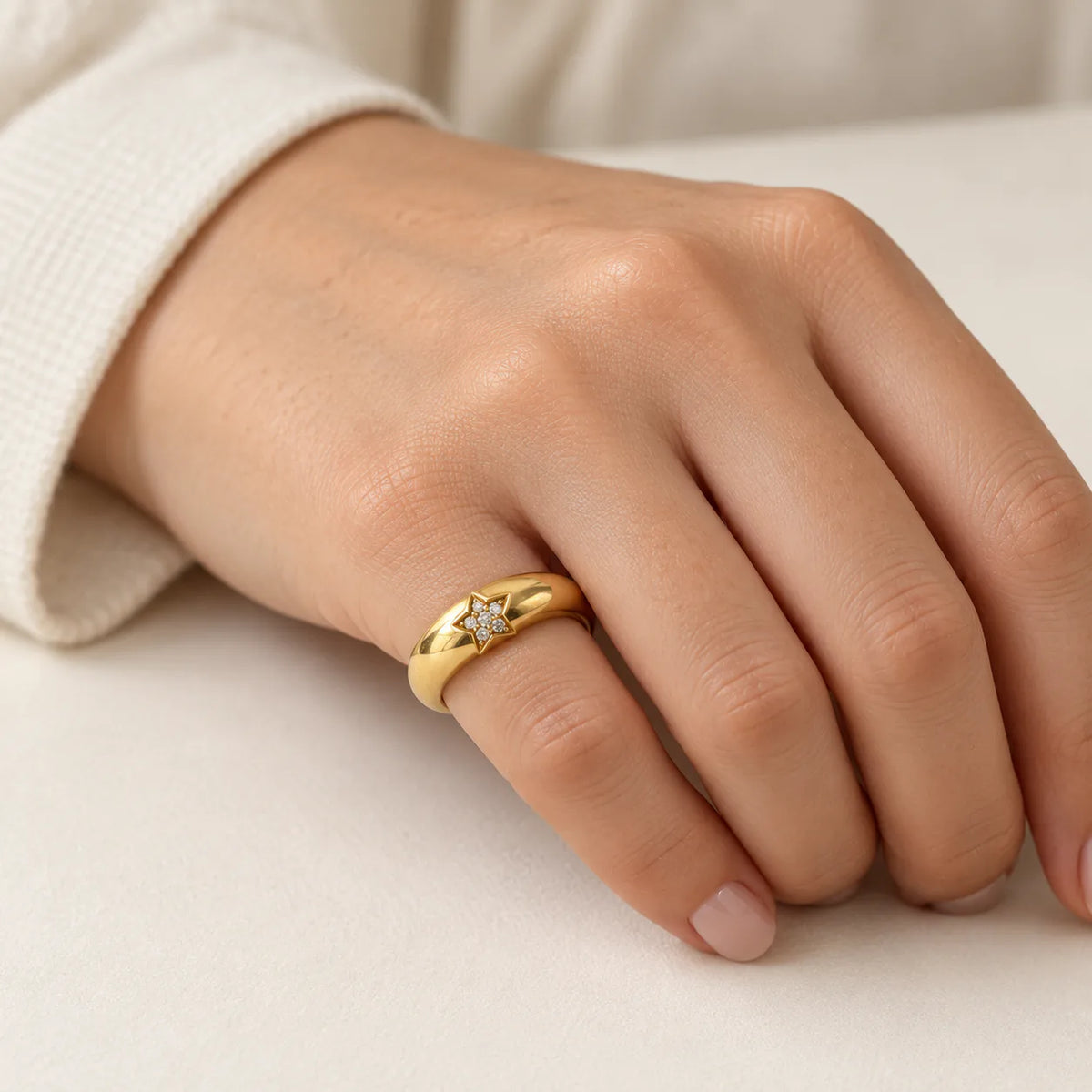 Single Star Dome Gold Pinky Ring - on model