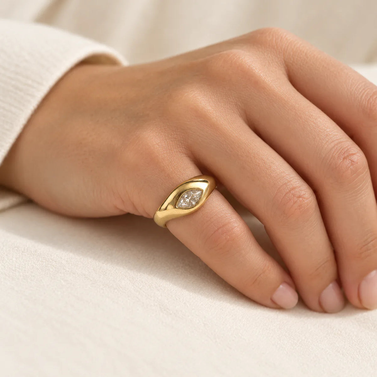 Marquise Bezel Gold Pinky Ring - on model