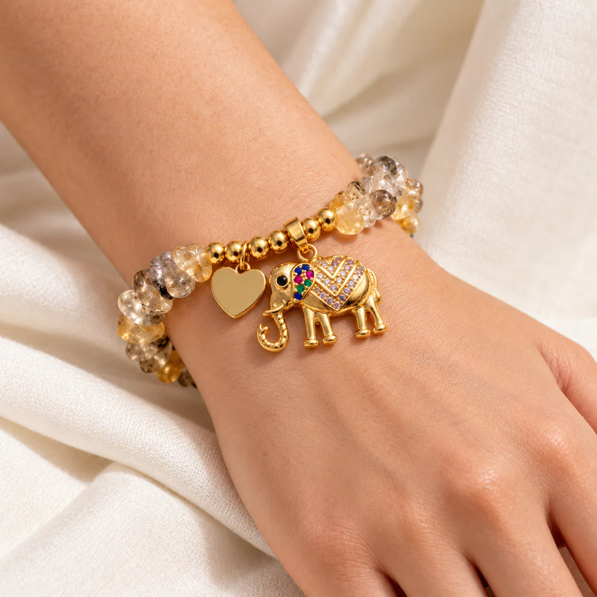 Lucky Elephant & Heart Charm Beaded Bracelet - on model