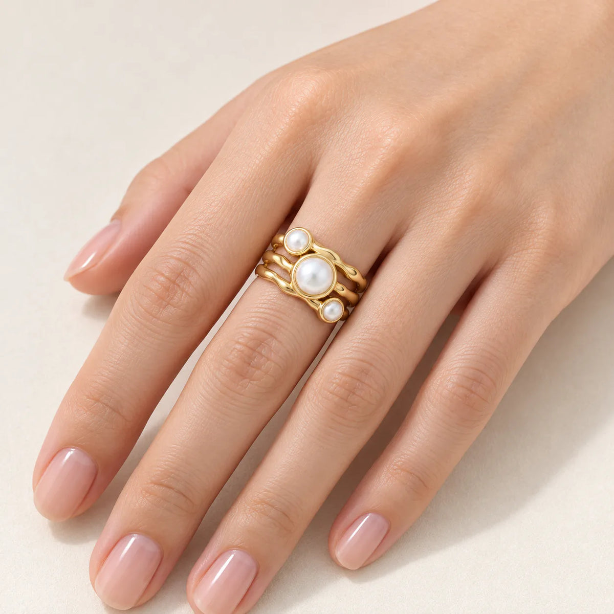 Triple Pearl Ring (free size ) - on model