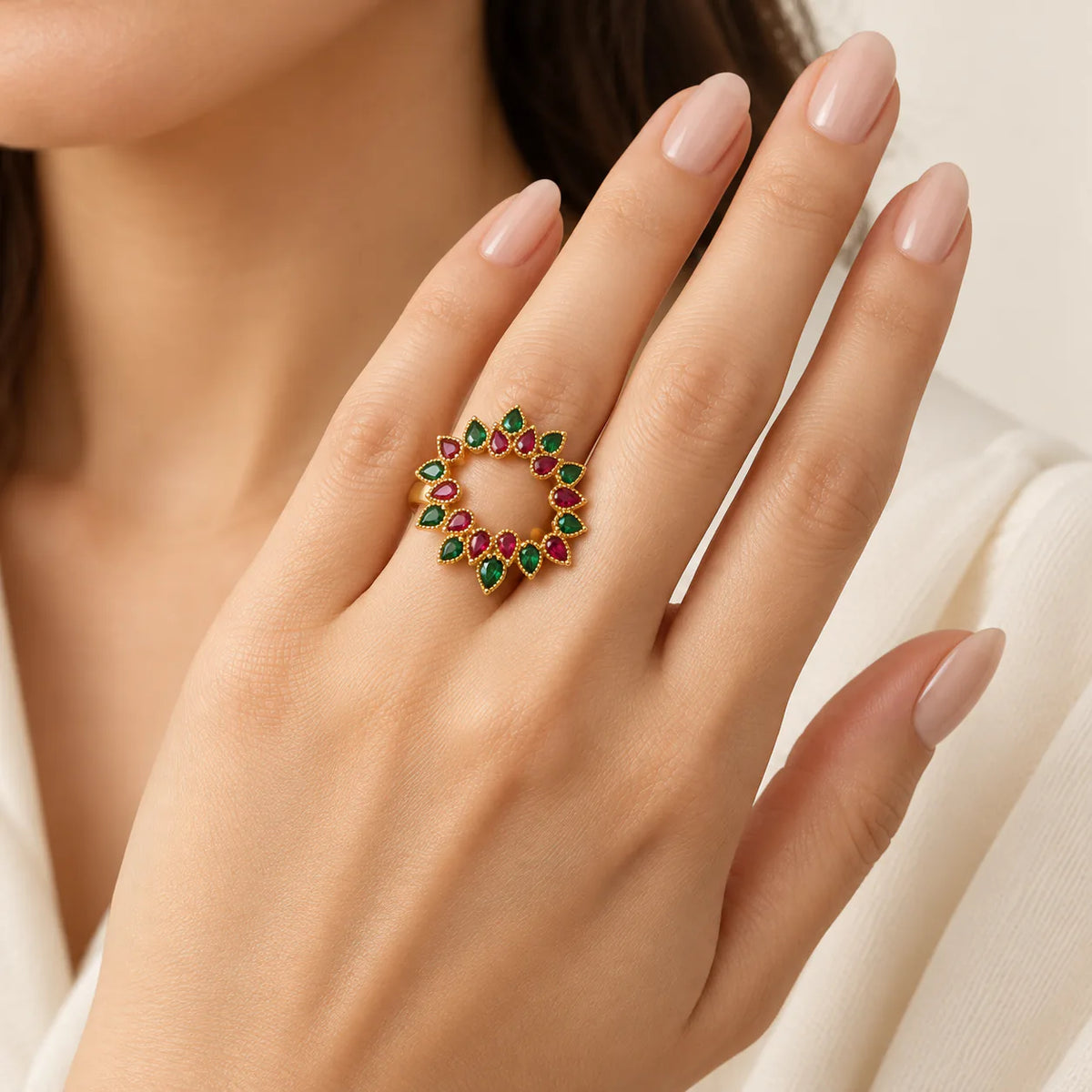 Ruby & Emerald Crown Ring ( Free Size ) - on model