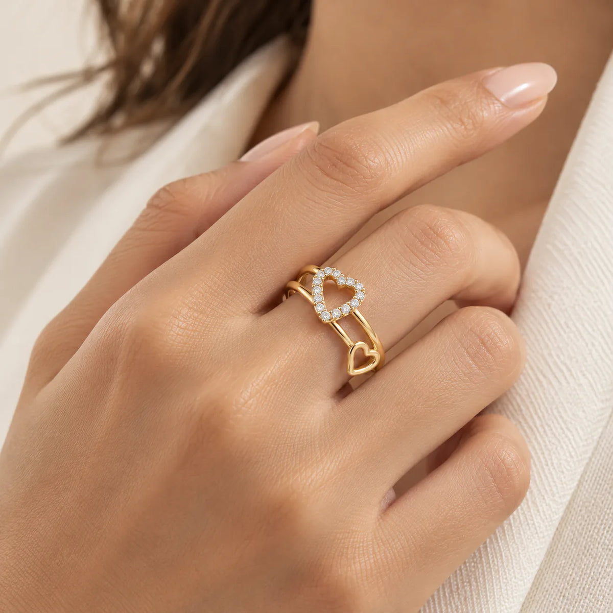 Double Heart Promise Ring ( Free Size ) - on model