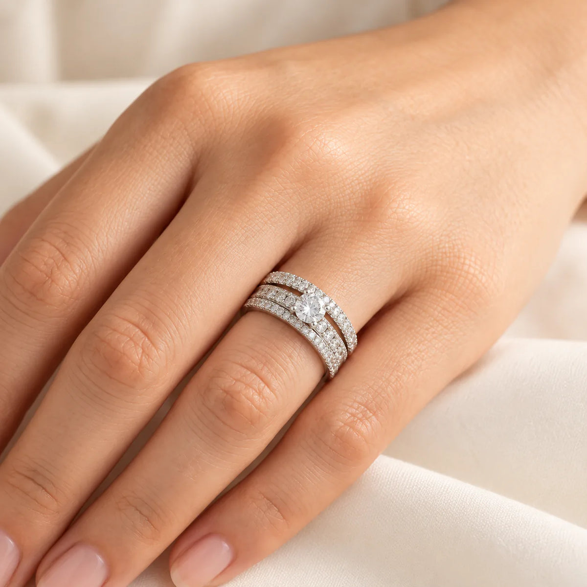 White Gold Plated Ring With Stones - on model