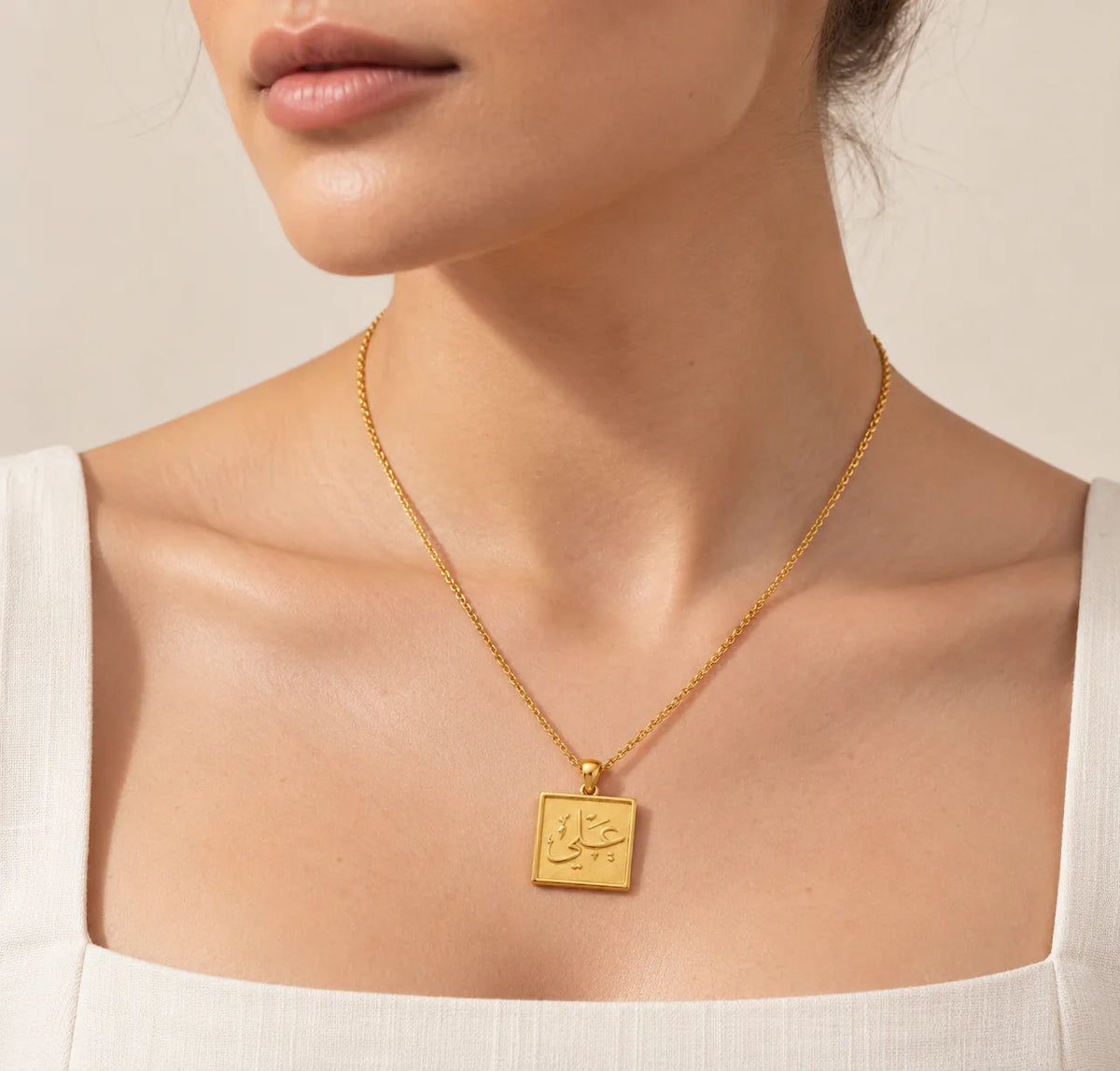 Square Name One Side Necklace - on model
